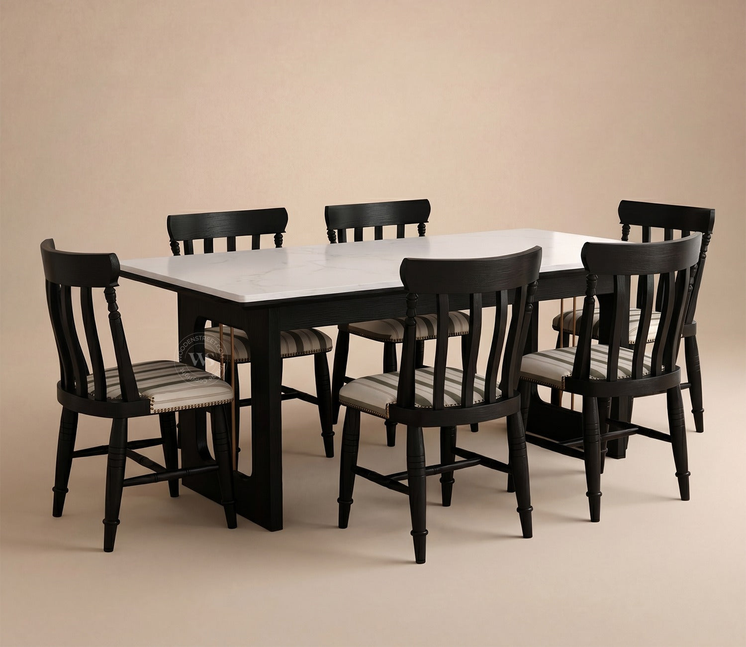 Kanak Designer 6 Seater Sheesham Wood Dining Table Set with Mishaan Quartz Top Table and Misha Chair (Black Finish)