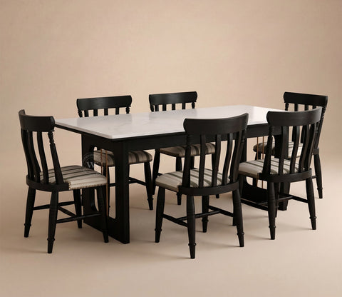 Kanak Designer 6 Seater Sheesham Wood Dining Table Set with Mishaan Quartz Top Table and Misha Chair (Black Finish)