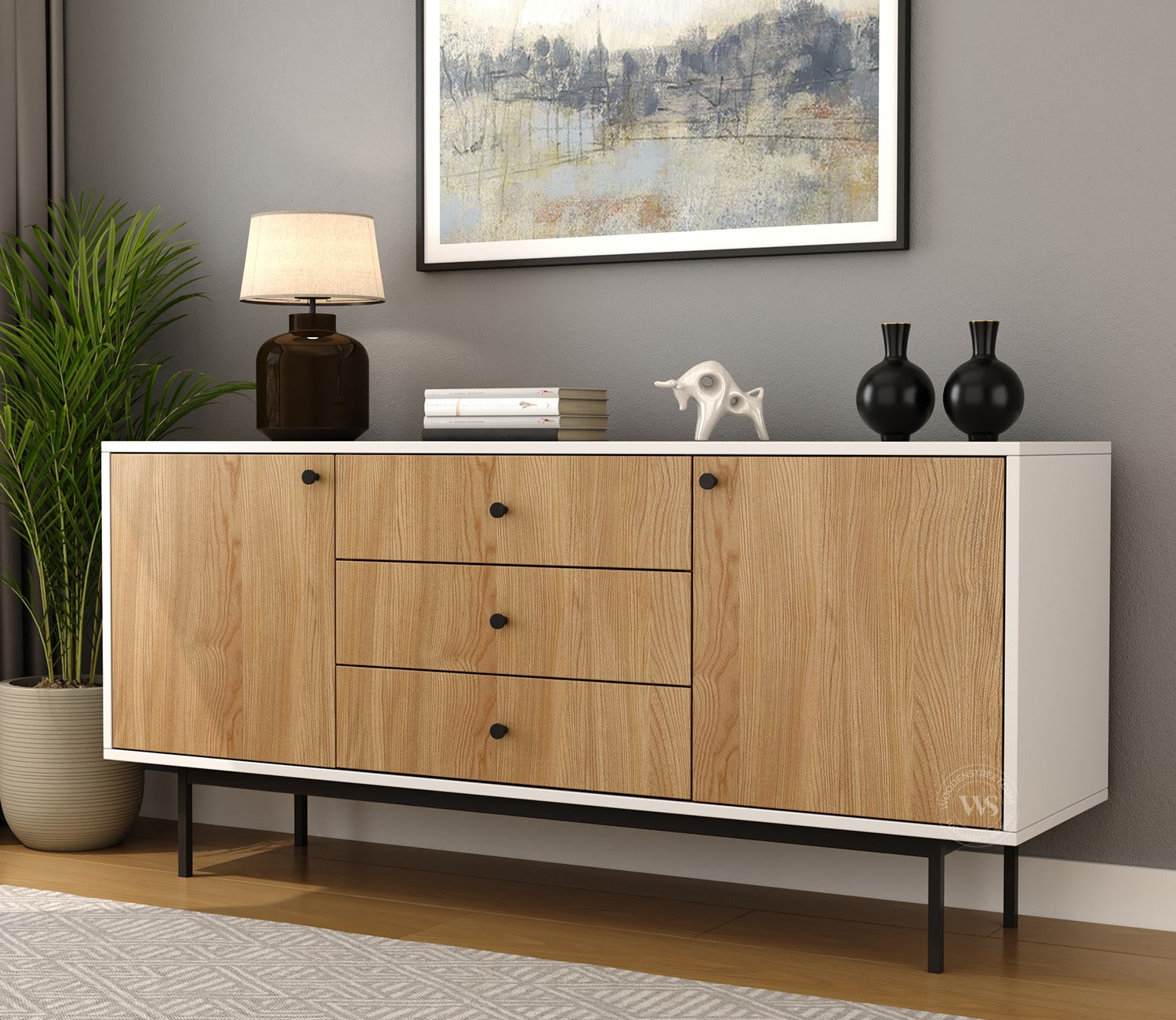 Biscove Modern Cabinet with Designer Textured Surface & Metal Base (Engineered Wood, Santana Pattern)
