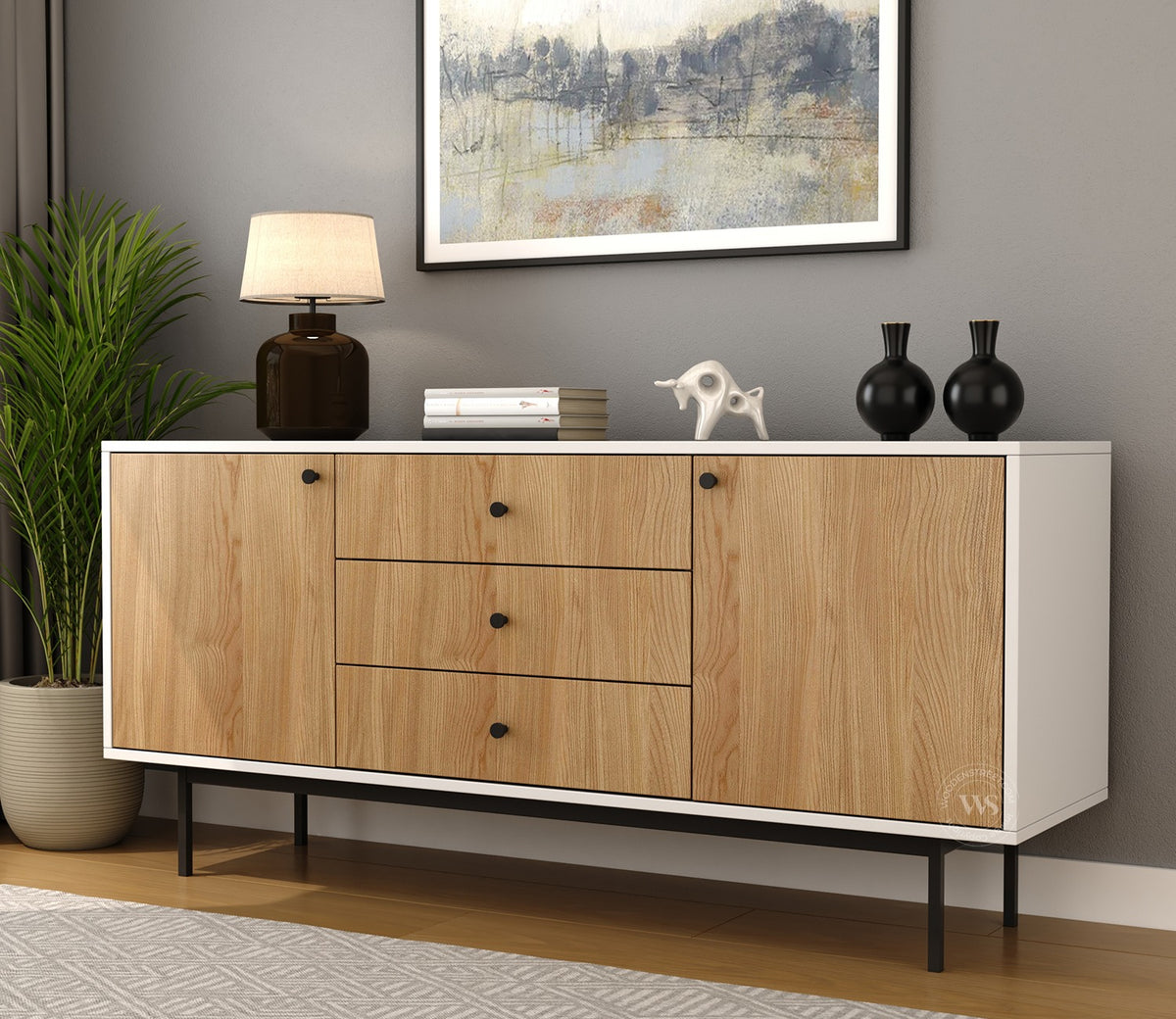Biscove Modern Cabinet with Designer Textured Surface & Metal Base (Engineered Wood, Santana Pattern)