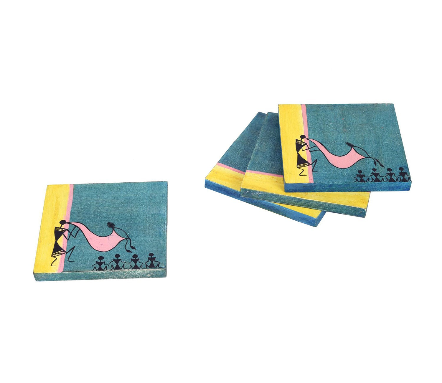 Warli Symphony Wooden Coasters Set Of 4
