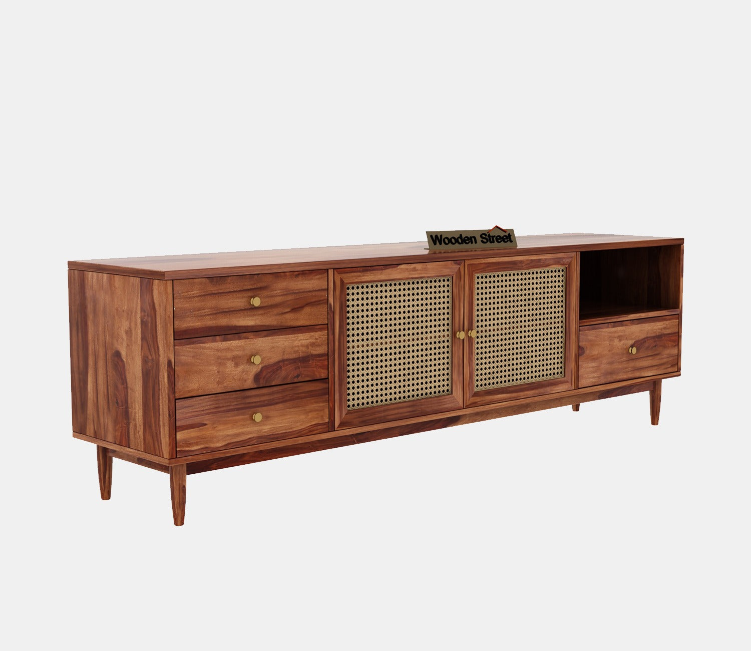 Eka Sheesham Wood and Cane TV Unit (Honey Finish)