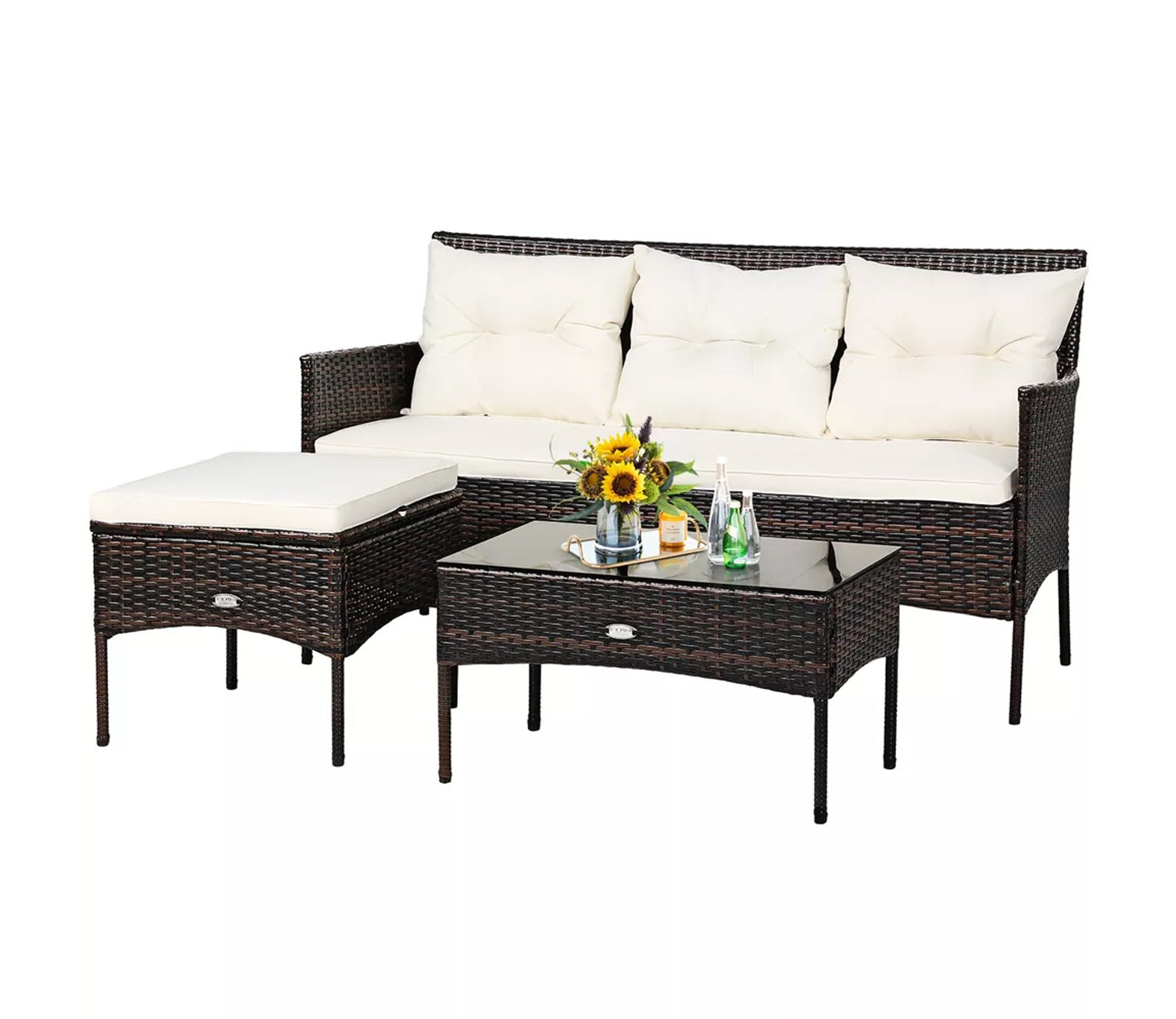 Dark Brown Rattan And Wicker Outdoor Sofa Set With Cream Cushions And Table