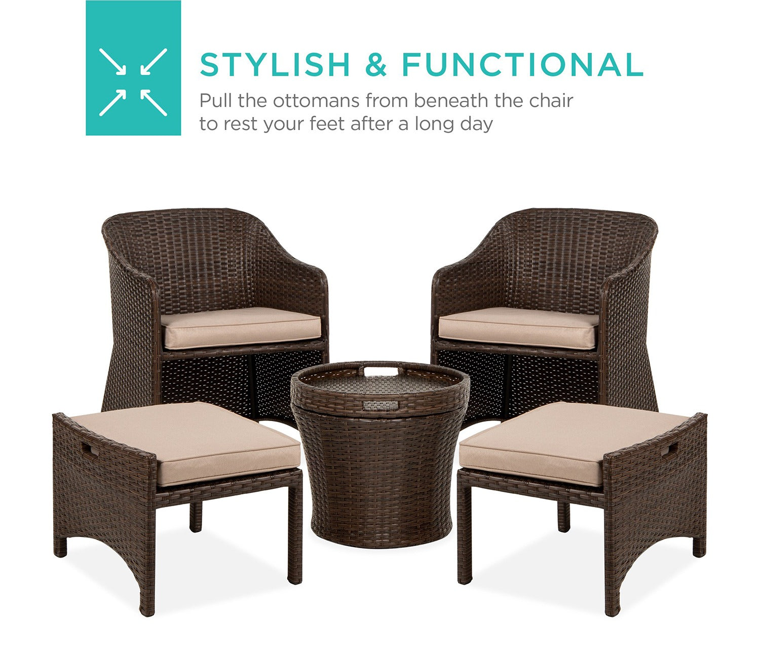 Dark Brown Rattan And Wicker 2 Seater Patio Set With Table And Cream Cushions