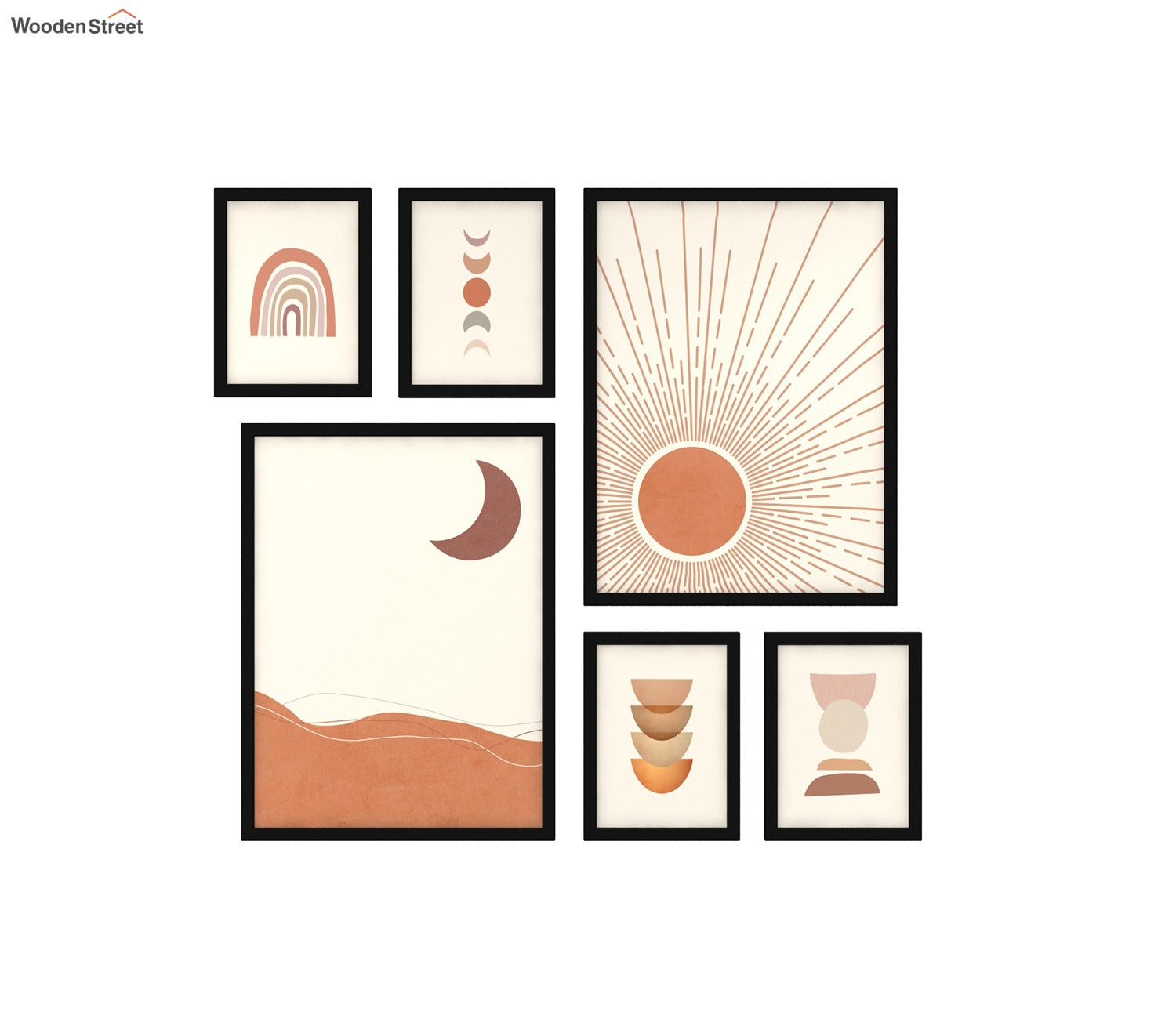 Neutral Hues Of Sun And Moon Wall Frame - Set Of 6 (Rectangle, Black, Canvas)