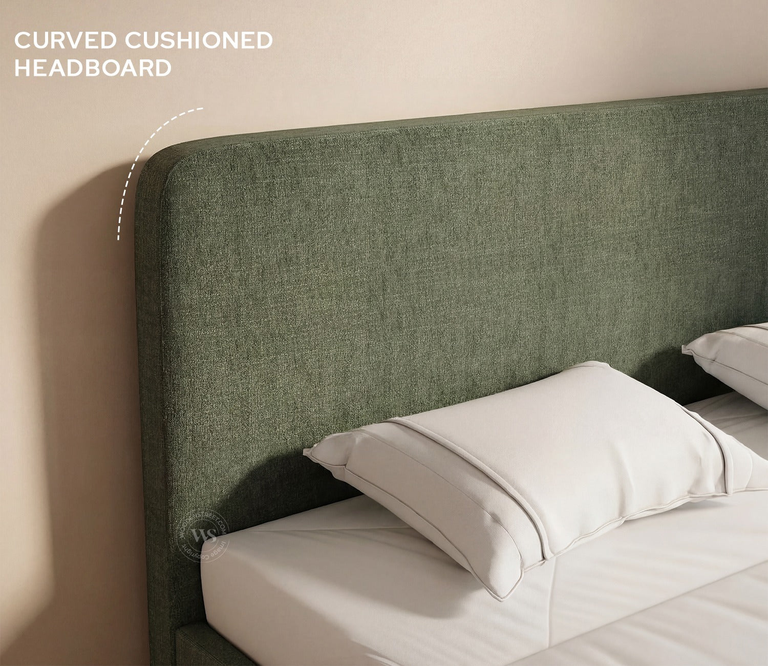 Andreas Premium Fabric Bed with Curved Headboard & Without Storage (Queen Size, Sage Green)
