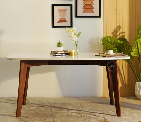 Valence 6 Seater Sheesham Wood Dining Table with Quartz Top (Teak Finish)
