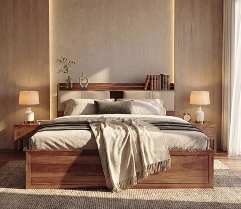 Wildon Premium Sheesham Wood Bed with Cushioned Headboard and Drawer Storage (King Size, Teak Finish)