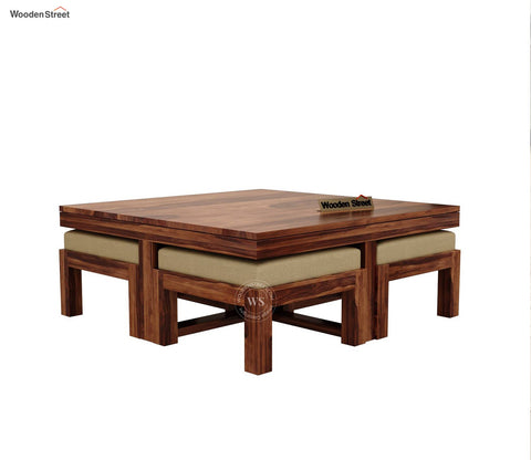 Reid Sheesham Wood Coffee Table with Four Cushioned Stools (Honey Finish)