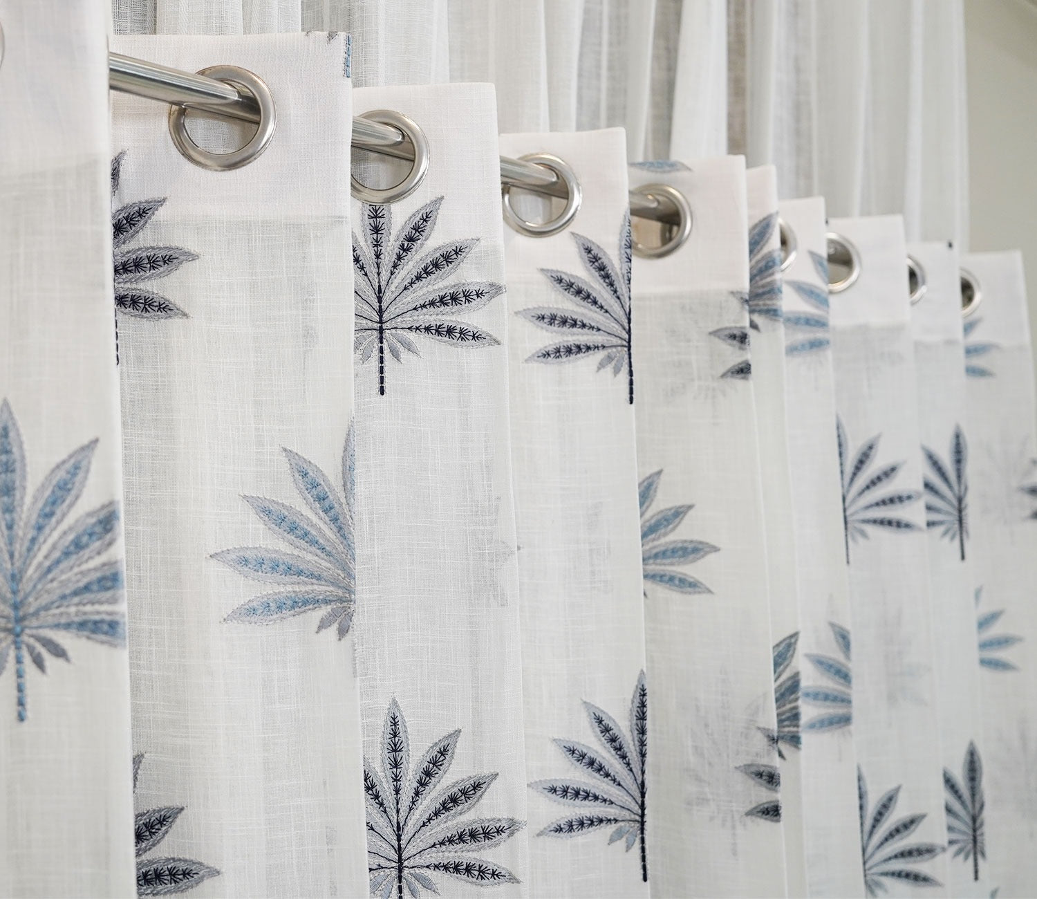 Crown Leaf Sheer Door Curtains Set of 2 (Blue, 7 Feet)
