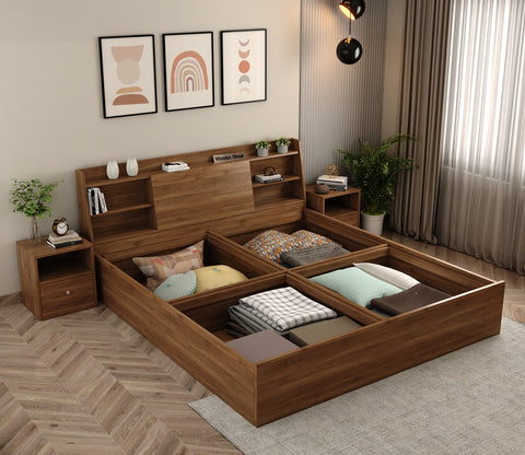 Celestia Engineered Wood Bed with Box Storage (Queen Size, Columbian Walnut Finish)