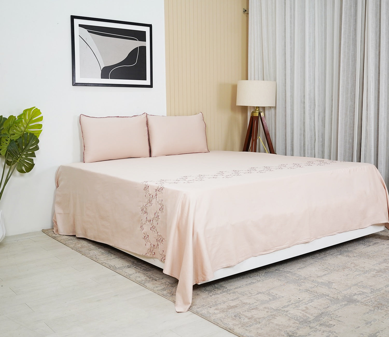 Floral Embroidery 300 TC Flat Pure Cotton King Size Bedsheet With 2 Pillow Covers (Pink)