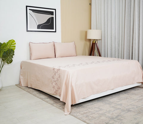 Floral Embroidery 300 TC Flat Pure Cotton King Size Bedsheet With 2 Pillow Covers (Pink)