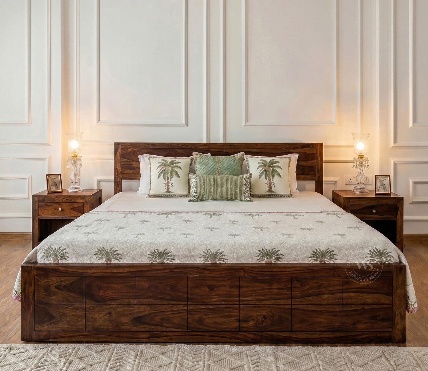 Brixton Sheesham Wood Bed With Box Storage (King Size, Walnut Finish)