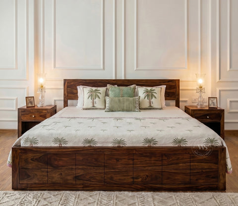 Brixton Sheesham Wood Bed With Box Storage (King Size, Walnut Finish)