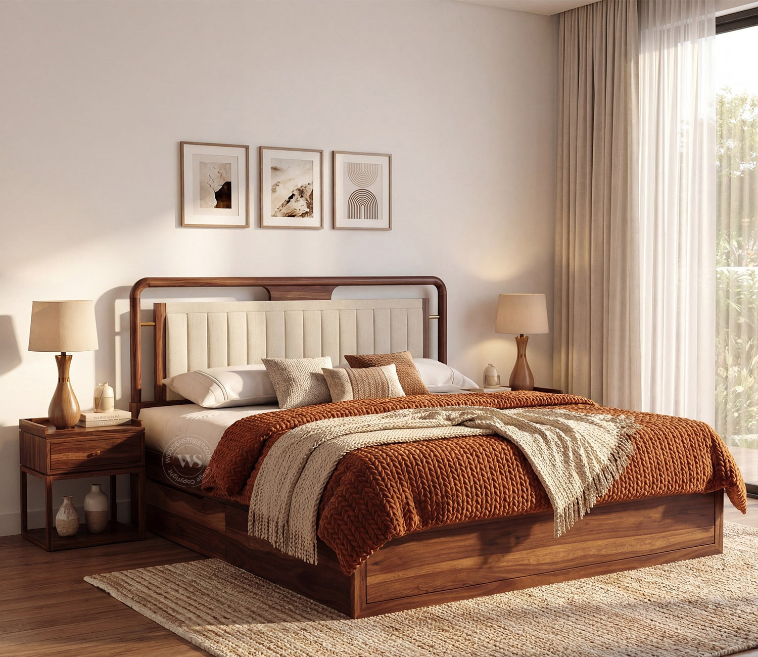 Anvay Sheesham Wood Bed with Upholstered Headboard & Drawer Storage (Queen Size, Jade Ivory, Teak Finish)