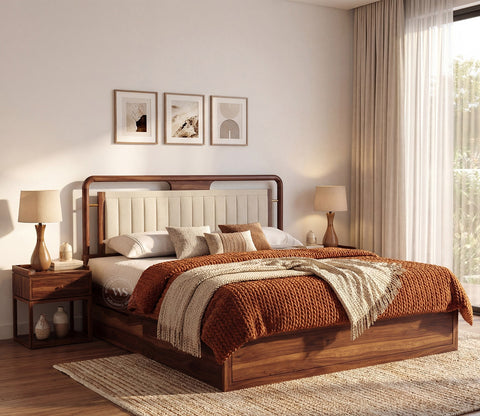 Anvay Sheesham Wood Bed with Upholstered Headboard & Drawer Storage (Queen Size, Jade Ivory, Teak Finish)