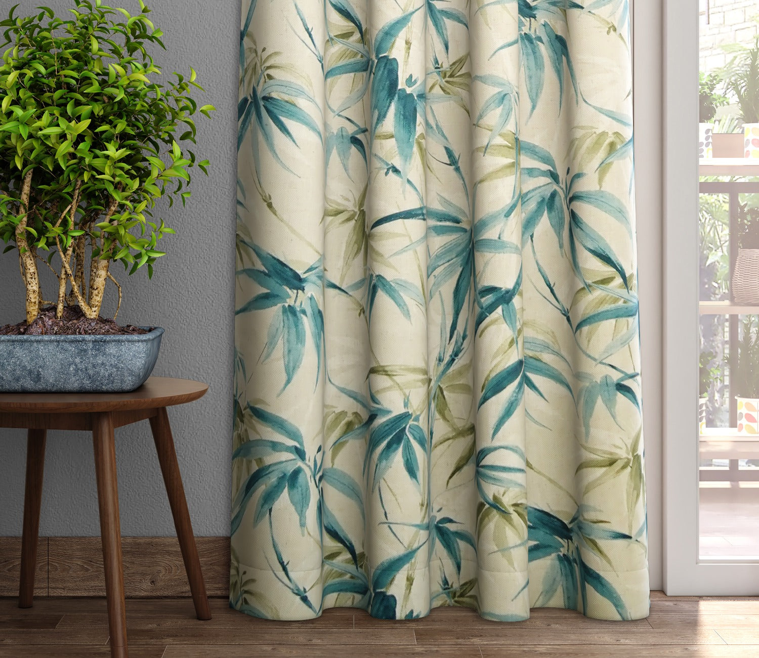 Fern Light-Filtering Door Curtains Set of 2 (Blue, 7 Feet)