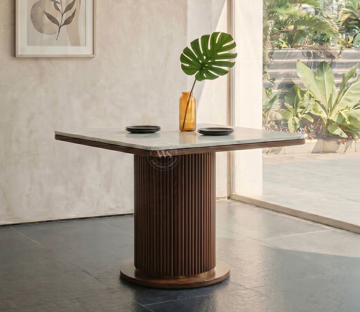 Samanvi 4 Seater Sheesham Wood Dining Table Set with Saumik Marble Top Table and Vinara Chair (Sand Brown)