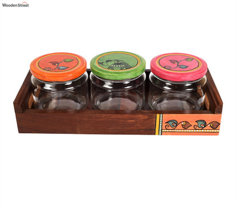 Madhubani Art Handcrafted Wooden Tray With Glass Jars