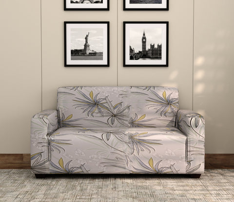 Cassia Floral Printed Polyester Spandex 2 Seater Sofa Cover (Beige)