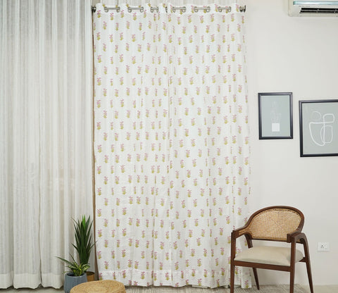 Floral Small Butti 1 Piece Curtain (White, 7 Feet)