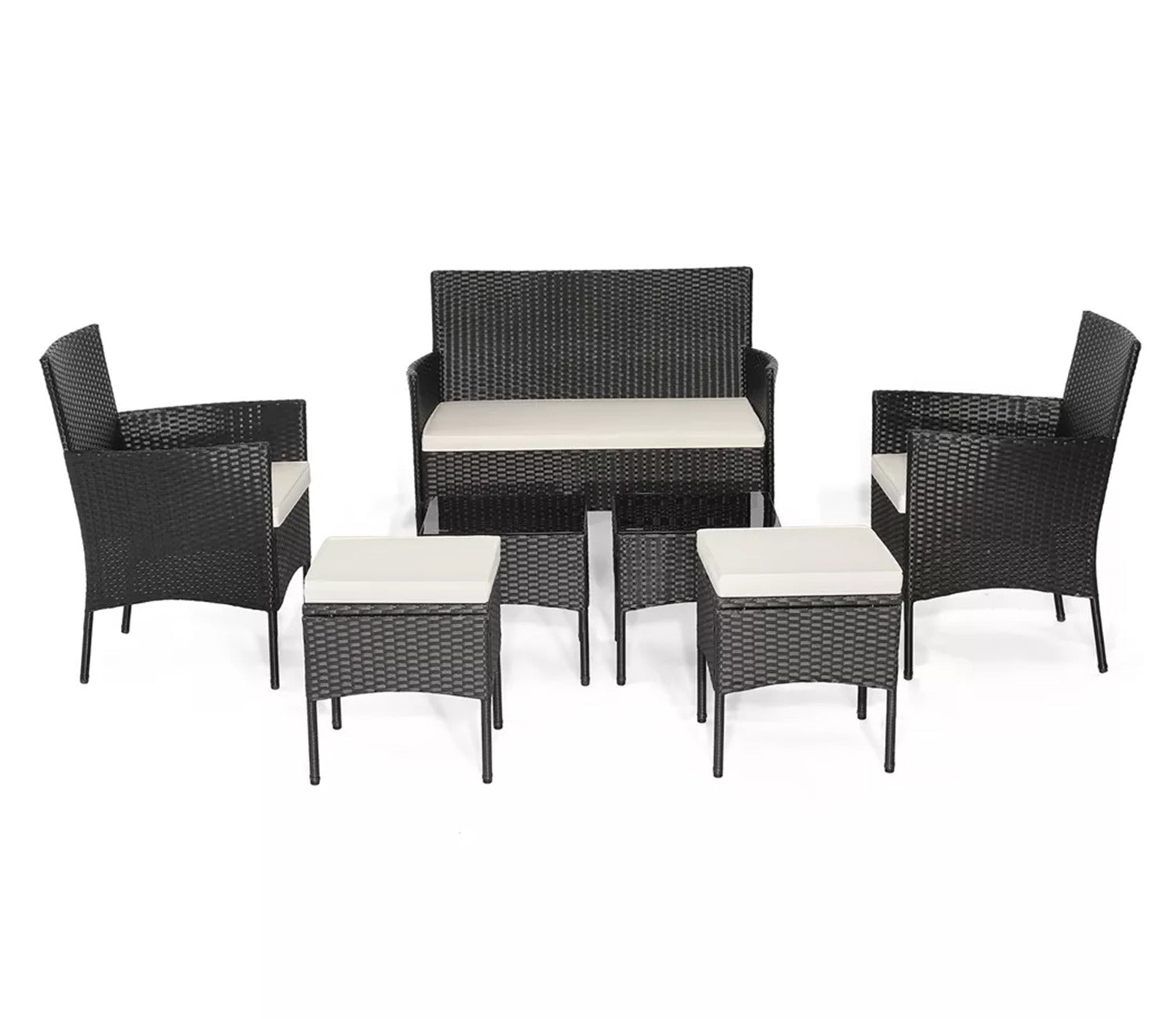 Black Rattan And Wicker 6 Seater Patio Set With Table And off White Cushions
