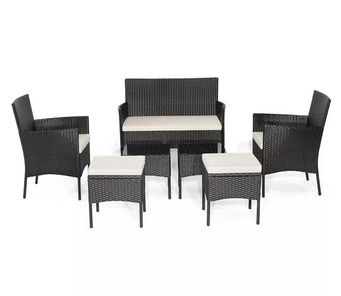 Black Rattan And Wicker 6 Seater Patio Set With Table And off White Cushions