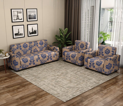 Grace Floral Printed Polyester Spandex 3+1+1 Sofa Cover Set (Blue)