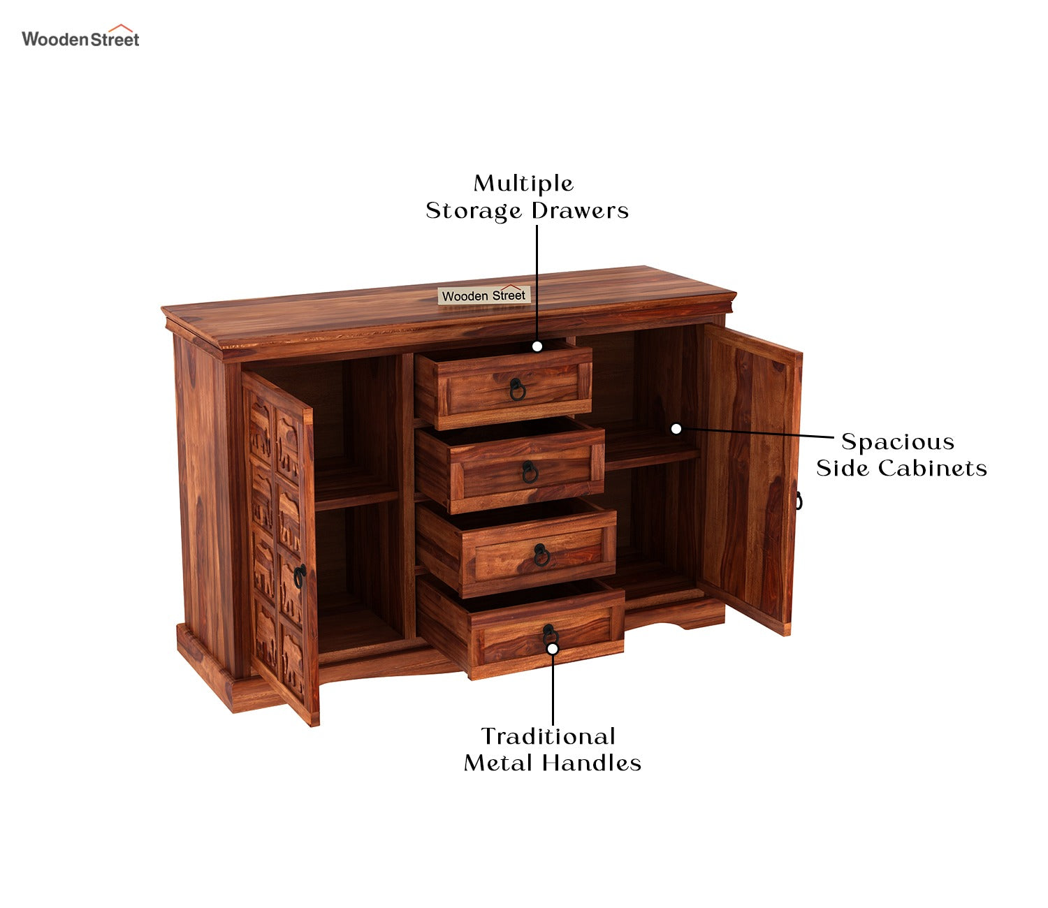 Emboss Sheesham Wooden Cabinet and Sideboard (Honey Finish)