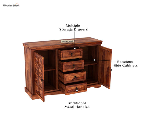 Emboss Sheesham Wooden Cabinet and Sideboard (Honey Finish)