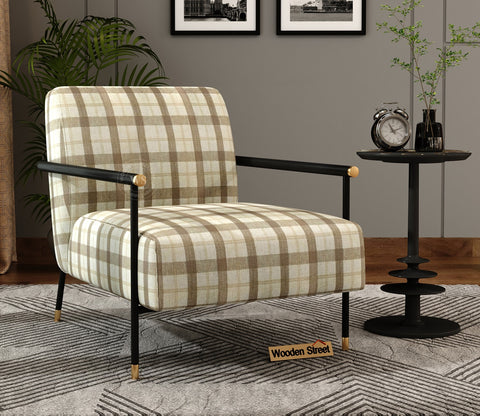 Valentina Metal Lounge Chair (Cream Checkered, Black Finish)