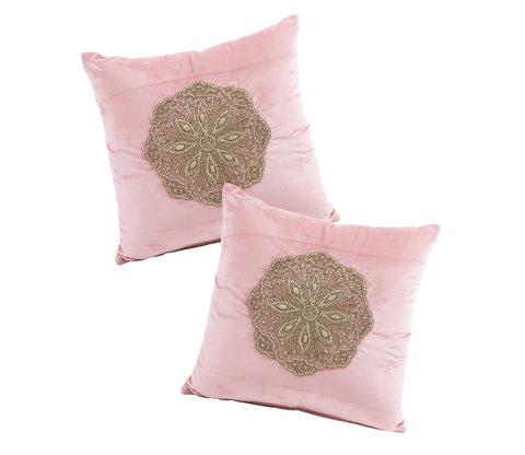 Beaded Velvet Cushion Covers - Set of 2 (Peach, 18 x 18 inch)
