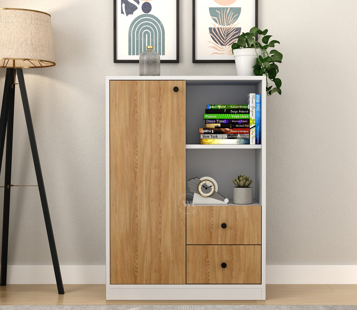 Agatha Modern Bookshelf with Open & Closed Storage, Textured Fronts (Engineered Wood, Santana Pattern)