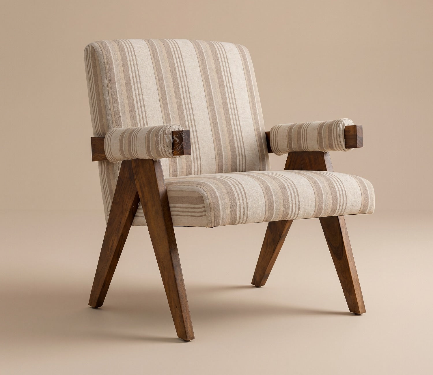 Troupe Sheesham Wood Chandigarh Chair with Premium Upholstery (Cream Stripes, Teak Finish)