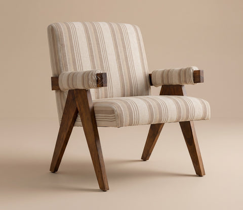 Troupe Sheesham Wood Chandigarh Chair with Premium Upholstery (Cream Stripes, Teak Finish)