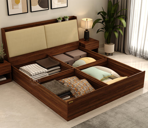 Calmora Engineered Wood Bed with Upholstered Headboard and Spacious Box Storage (King Size, Columbian Walnut Finish)