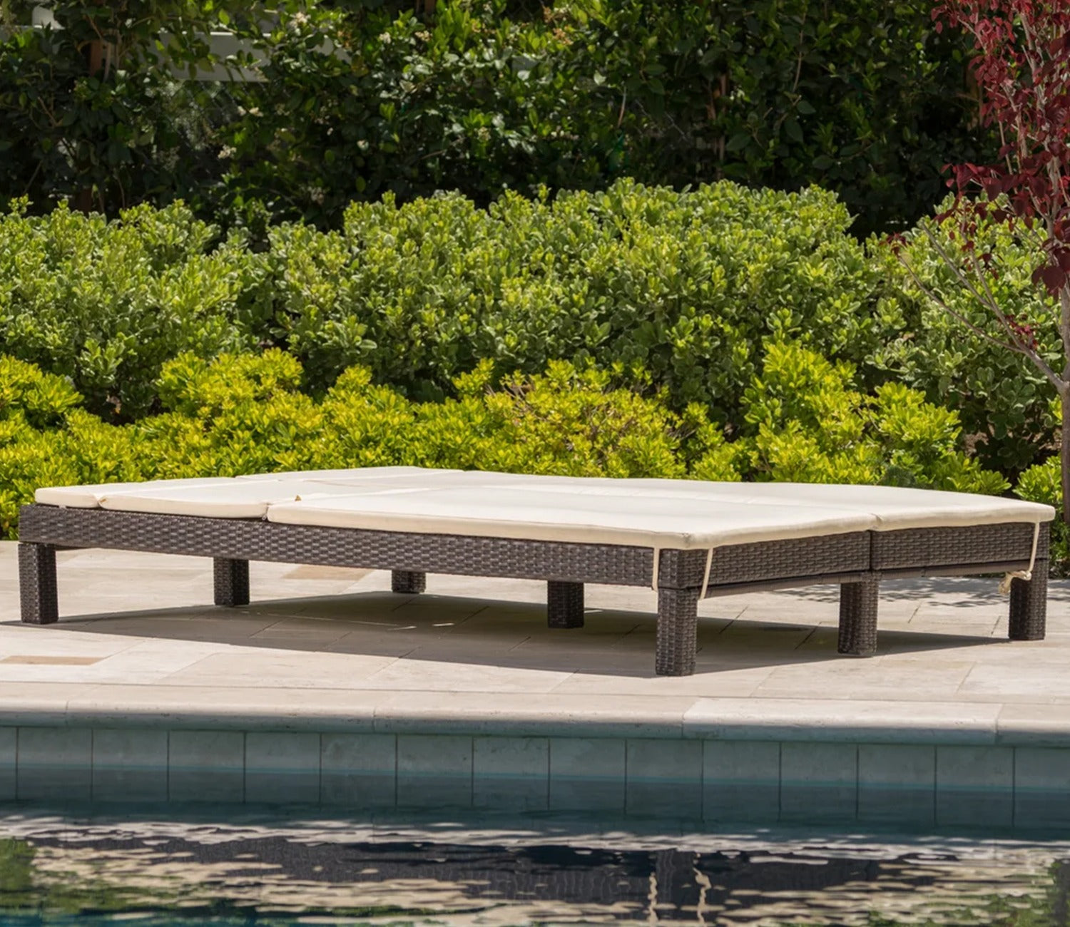Dark Brown Adjustable Outdoor Attached 2 Patio Lounger With Cream Cushions