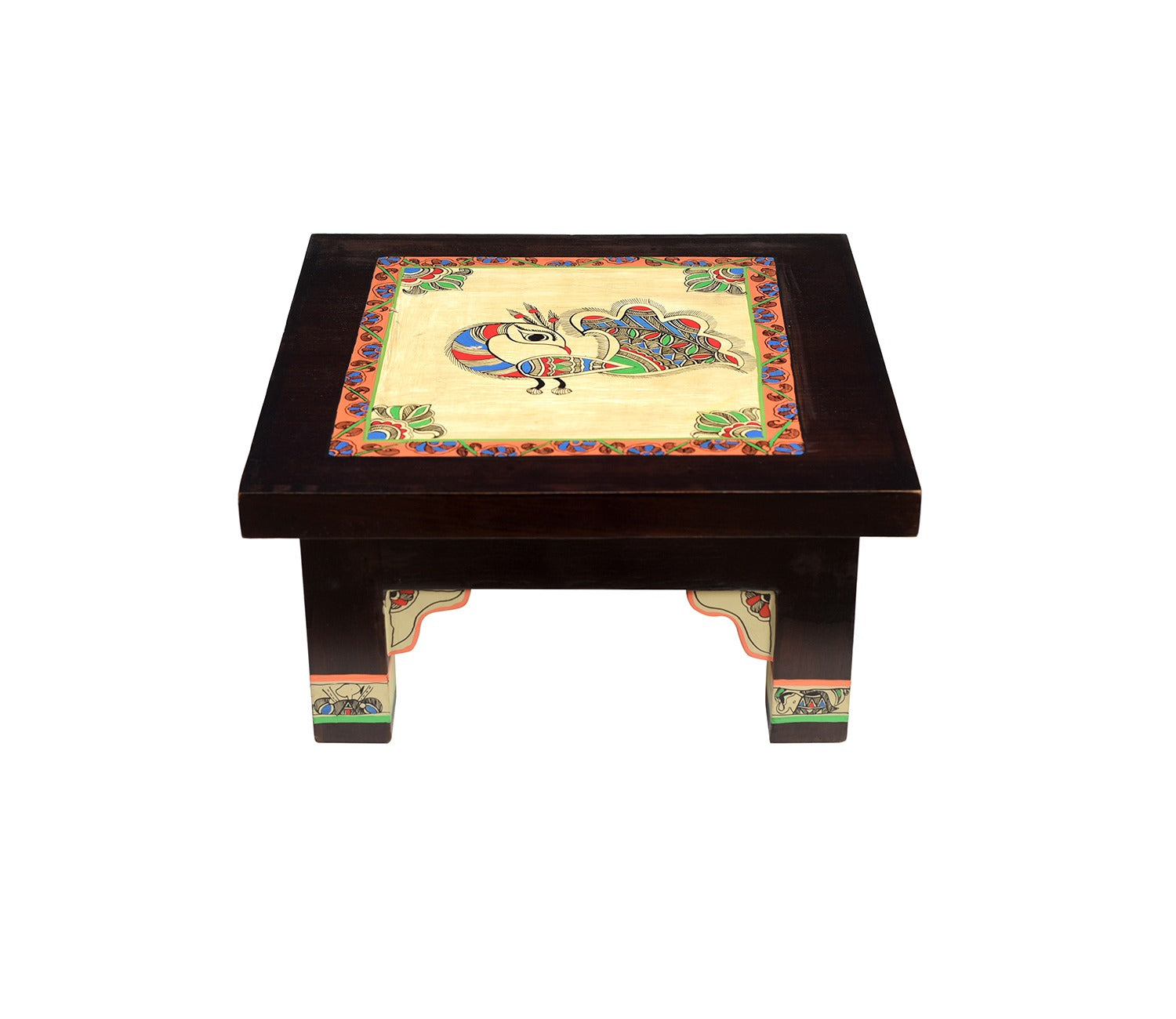 Multicolor Teakwood Peacock Chowki