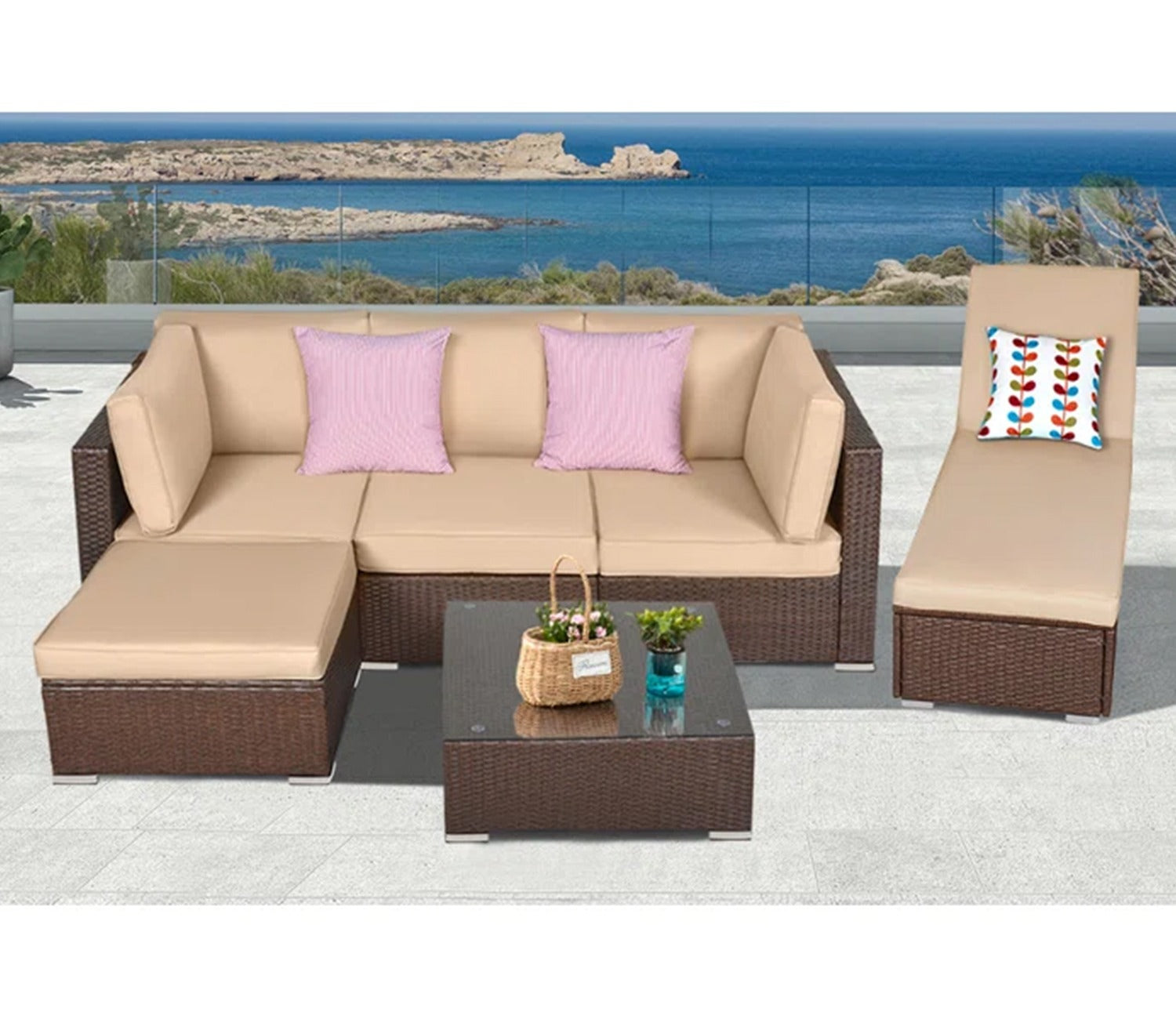 Dark Brown Rattan And Wicker 5 Seater Sofa Set With Table And Cream Cushions
