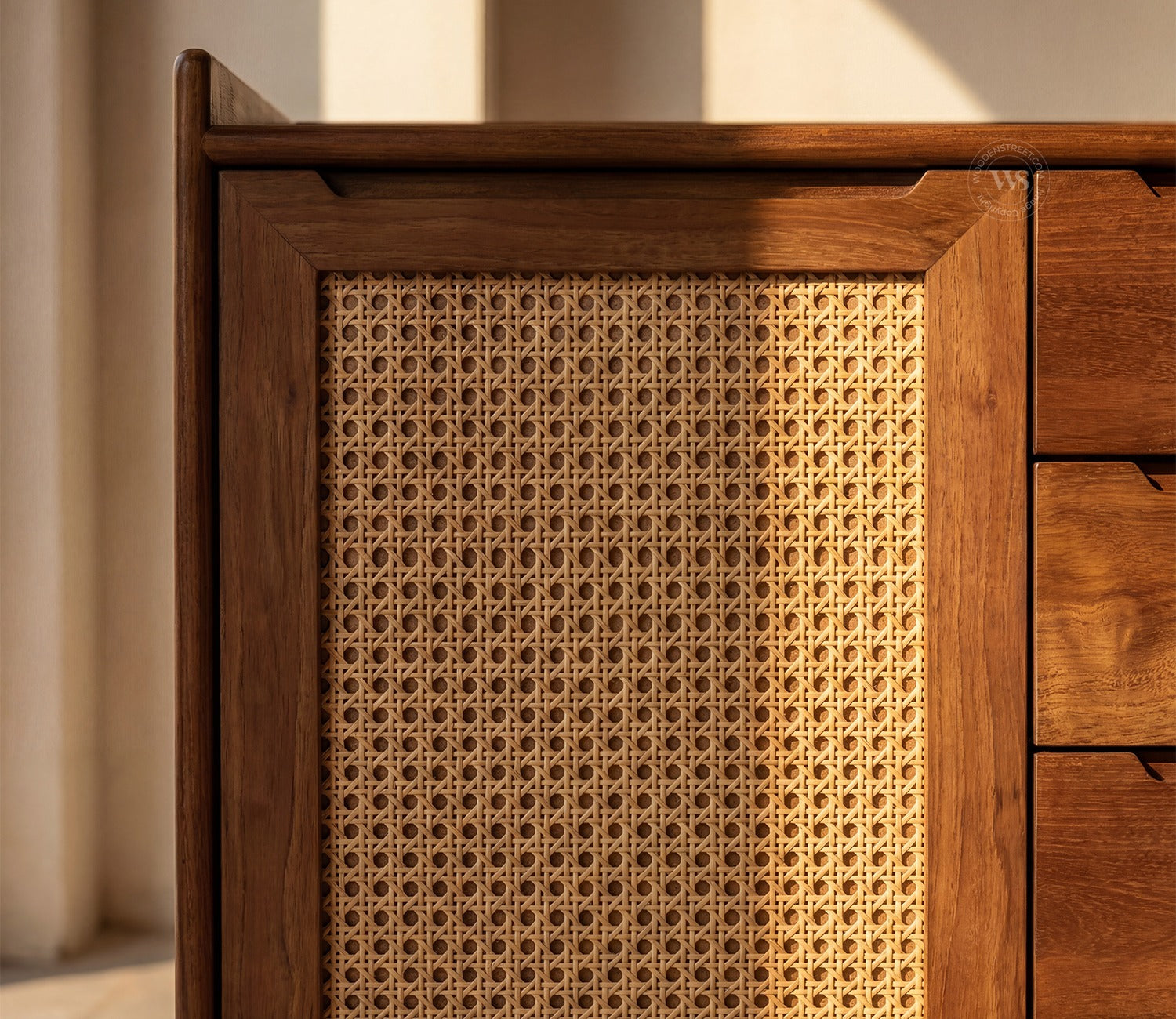 Ishana Mango Wood Designer Cabinet with Cane Detailing (Teak Finish)