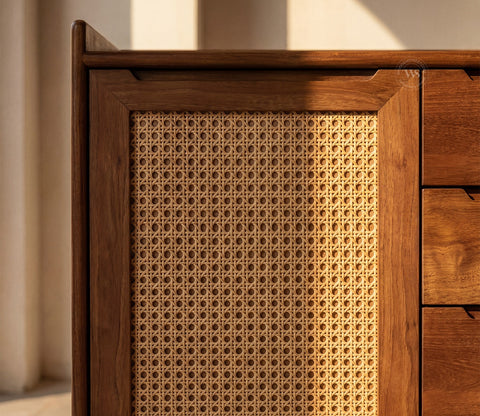 Ishana Mango Wood Designer Cabinet with Cane Detailing (Teak Finish)
