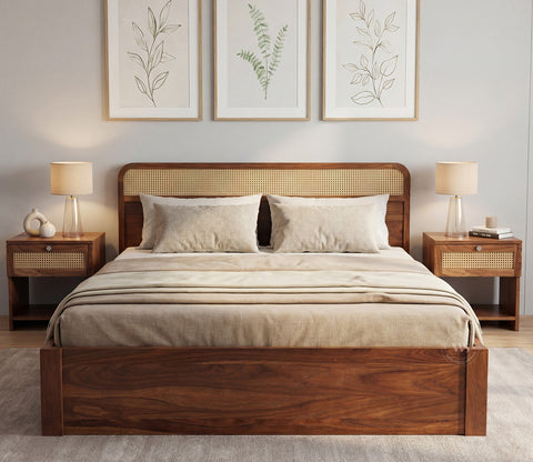 Balikos Sheesham Wood Bed with Drawer Storage and Cane Detailing (King Size, Teak Finish)