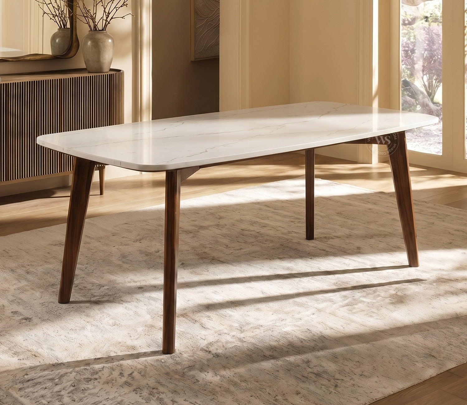 Viraaj 6 Seater Dining Set with Valence Quartz-Top Table and Kaaya Upholstered Chair (Cream Stripe)