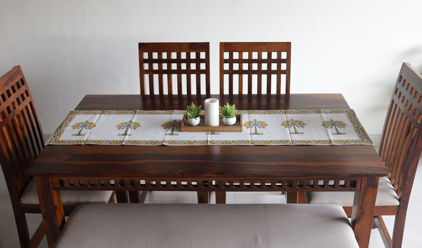 Vivid Garden Yellow and White Hand Block Print Table Runner - 16 x 50