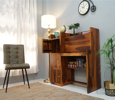 Candy Sheesham Wood Study Table with Three Cabinets & Open Shelves (Honey Finish)