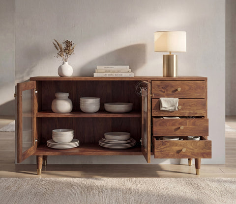 Briska Mango Wood Cabinet with Fluted Glass & Drawer Storage (Teak Finish)