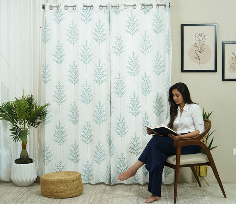 Jacquard Tree 1 Piece Sheer Curtain (Blue, 7 Feet)