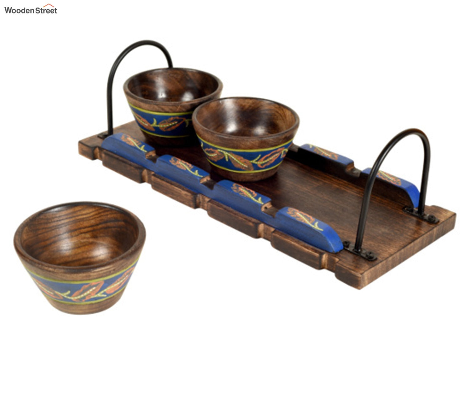 Brown And Blue Handcrafted Wooden Tray With Wooden Bowls