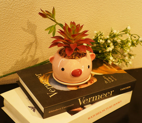 Whimsy Ceramic Enamel Pot With Artificial Flowers (Purple)
